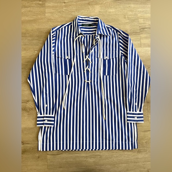 Lauren Ralph Lauren M Top Nautical Lace Up Front Tunic Top Shirt Blue Stripe - Picture 1 of 9